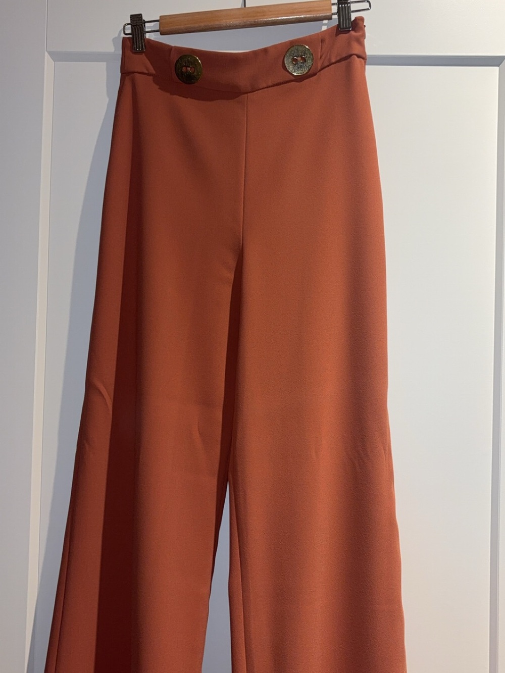 Zara Wide-Leg Trousers in Burnt Orange with Gold Buttons